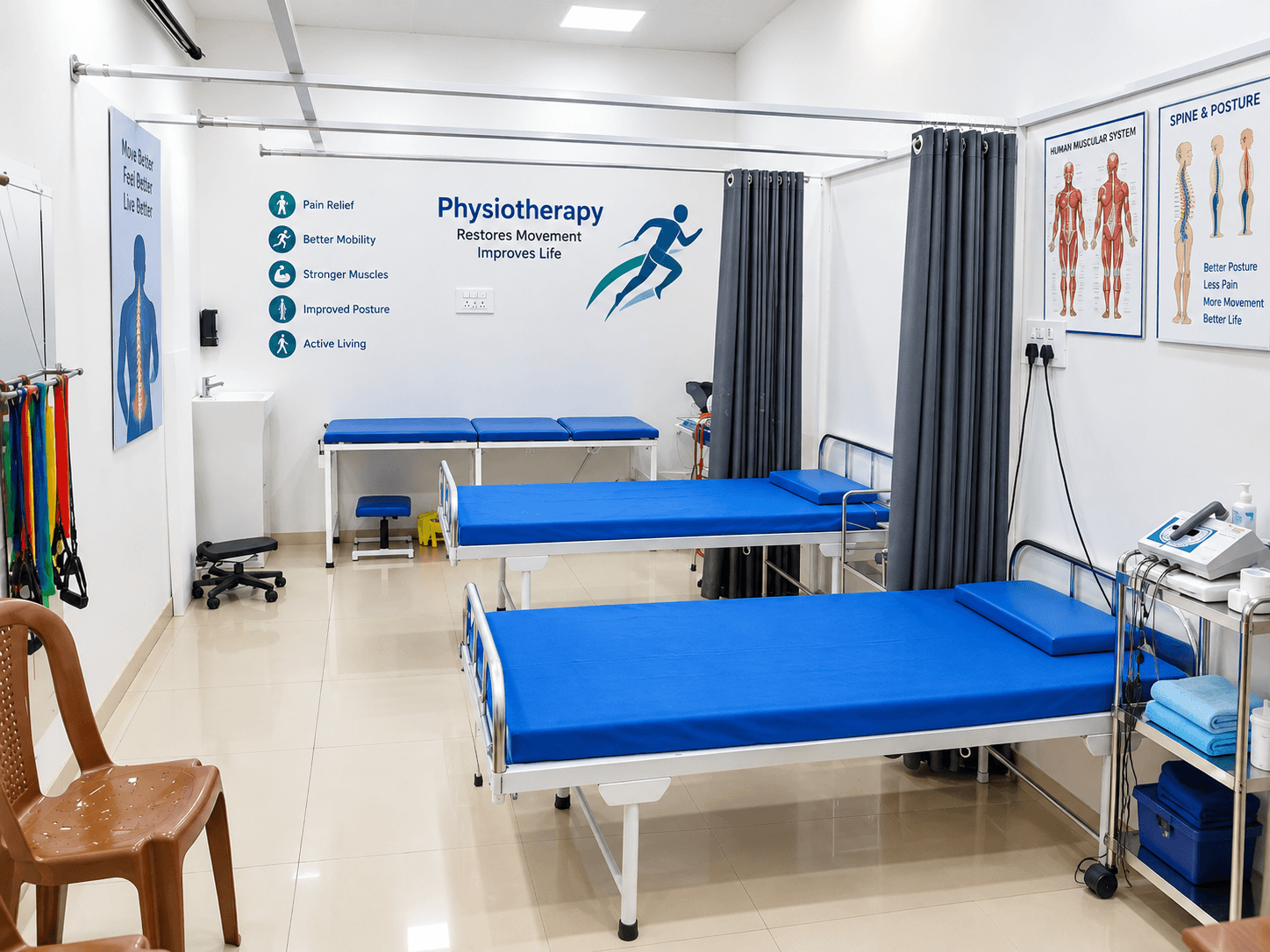 Patient beds in the Swasthya physiotherapy clinic