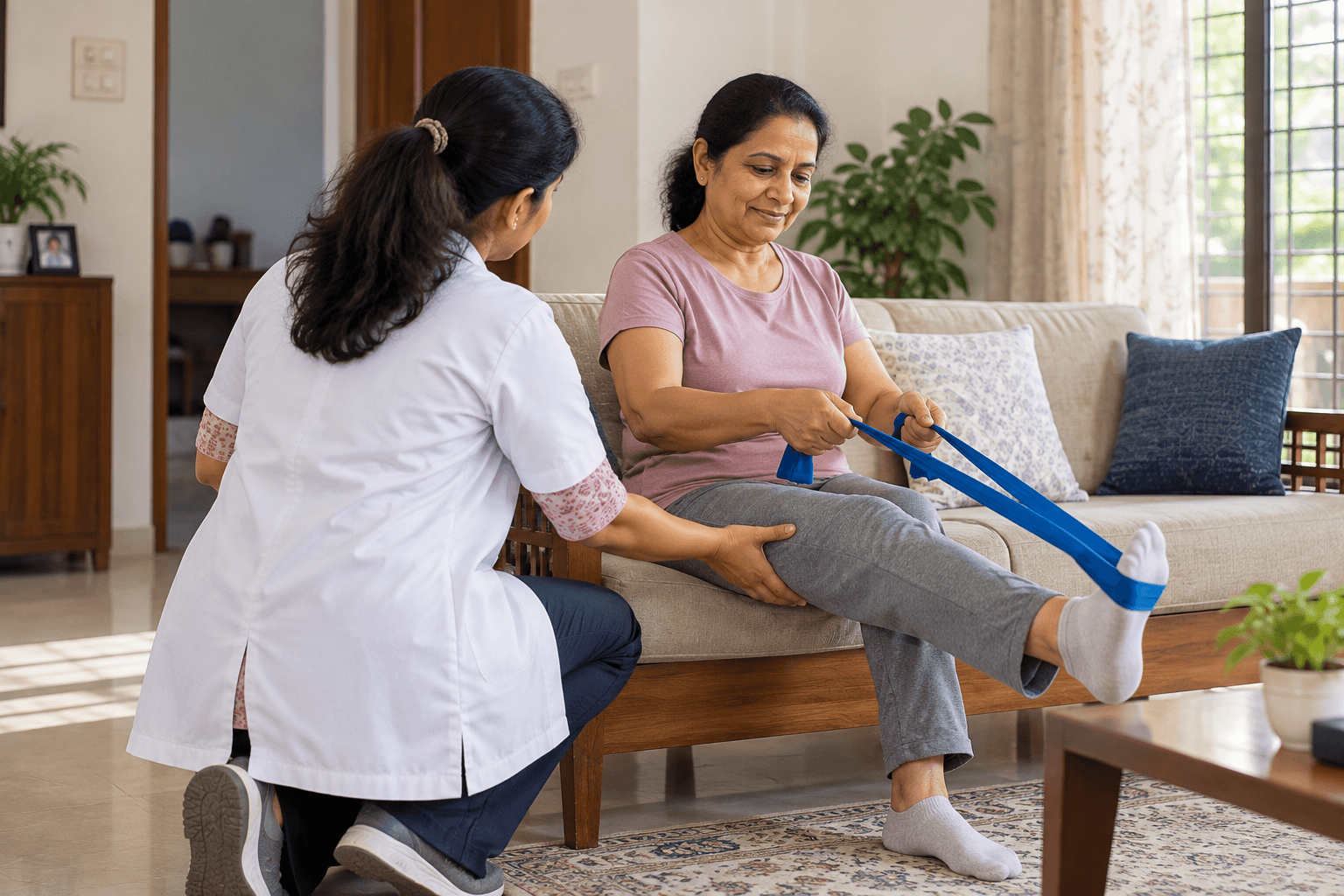 Physiotherapist supporting a home rehabilitation visit